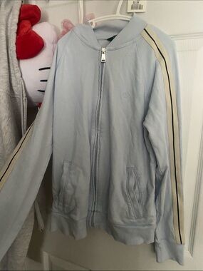 Polo by Ralph Lauren Light Blue Zip-Front Sweatshirt with Cream & Black Stripes